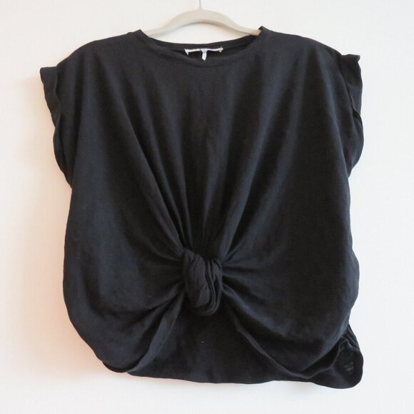 FRAME Knotted Roll-Sleeve T-Shirt in Black Cotton Minimalist Quiet Luxury - XS - Picture 6 of 9